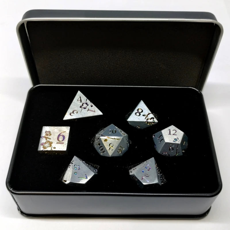 Plum Blossom Dice Kit - Brushed Silver with Rainbow Flowers in a Metal Box