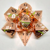 Plum Blossom Dice Kit - Rose Gold with White Blossoms in a Metal Box