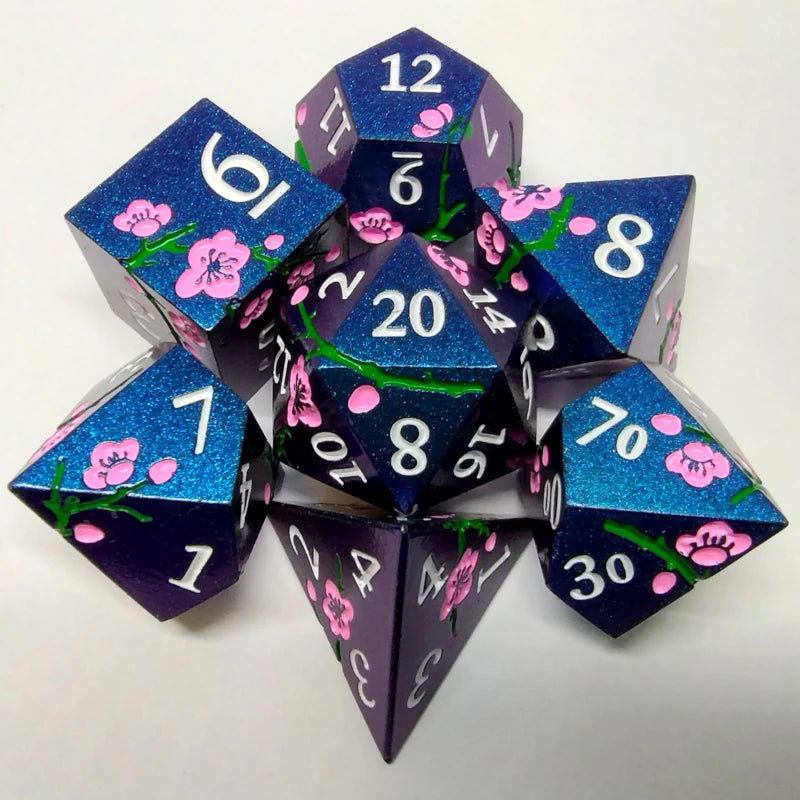 Plum Blossom Dice Kit - Blue with Pink Blossom in a Metal Box